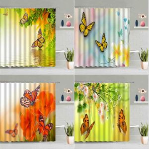 Duschvorhänge gelbe Schmetterling Vorhang grüner Pflanze Wildblumenfrüchte Natur Landschaft Zen Badezimmer Dekor Set Polyester Stoff mit Haken