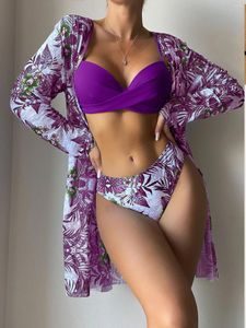 Kvinnors badkläder hög midja mage kontroll bikini set wrap 3 piece push up baddräkter täckning baddräkt täcker uppsättningar