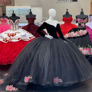 Vintage Black Velvet Quinceanera Dresses Vestidos De 15 Anos Sixteen Birthday Party Halloween Sweet 16 Fifteen Xv Dress 2024 Elegant Debutante Promdress Flower