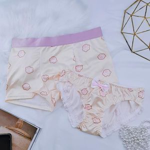Underpants 2Pcs Couple Lovers Men Boxer Shorts Cute Printed Milk Silk Women Briefs Underwear Breathable Panties