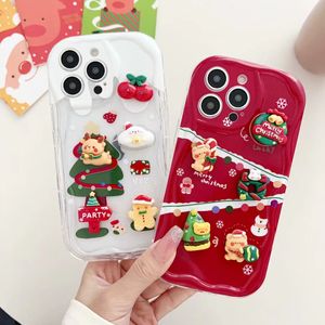 Korean Cute 3D Cartoon Christmas Bear Tree Wave Edge Case For iPhone 15 14 13 12 Pro Max 11 15plus Lovely Elk Shockproof Soft Cover