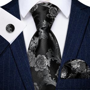 Bow Ties Unique Black Floral Print Men Tie Handkerchief Cufflinks Set For Wedding Office Party Business Tuxedo Accessory Luxury Neckties