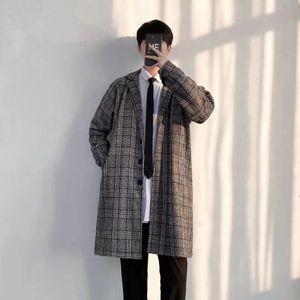 Men's Trench Coats Coat Korean Long Plaid Woolen Overcoat Fashion Casual Singlebreasted Jackets luxury Winter Clothes for Men 2023 231115