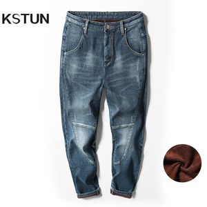 Jeans da uomo inverno caldo uomo pantaloni harem foderati in pile addensare elastico vestibilità ampia blu marca maschile più velluto taglia grande 40 42 231116