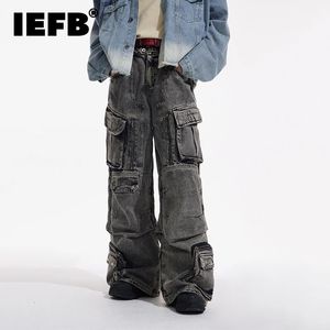 Jeans da uomo IEFB Design di nicchia Salopette da uomo vintage Jeans multitasche Cerniera Vita alta Tinta unita Pantaloni denim maschili personalizzati 9A7703 231116