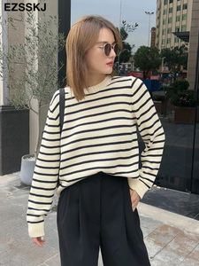 Moletom com capuz feminino o pescoço preto listra branca solta suéteres de manga comprida suéter feminino algodão chique solto jumper pull 231116