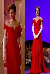 1990 Kultowa czerwona sukienka od ładnej kobiety z ram na ramię Formalne sukienki Plisted Sermaid Sheath Pełna długość wieczorowa suknia Suknia 5108645