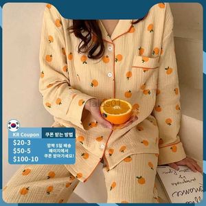 Damski salon snu bawełny kombinezon domowy koreański sutowa odzież pomarańczowa piżama piżama jesienna pijama piżama długi krótki rękaw 2 -częściowy zestaw nocny ZLN231116