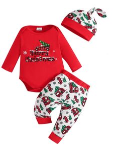 Комбинезоны для малышей, рождественский комбинезон, брюки с длинными рукавами и принтом, шапка с галстуком, детская одежда 231115