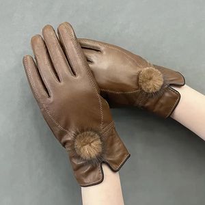 Five Fingers Gloves Women's Genuine Leather Gloves Real Mink Fur Pompom Genuine Sheepskin Leather Glove Mittens SH5567 231115