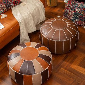 Travesseiro de 53cm redondo marroquino PU couro de pouf vintage artesanato otomano decoração de casa de pé artificial nãoffed