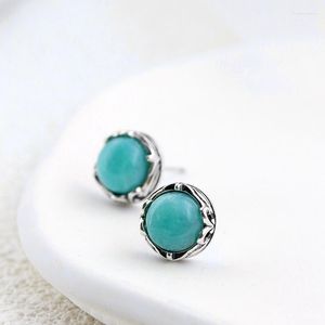 Studörhängen Autentisk 925 Sterling Silver Earring Inlaid Natural Amazonite Retro National Style Antique Lady Jewelry Gift