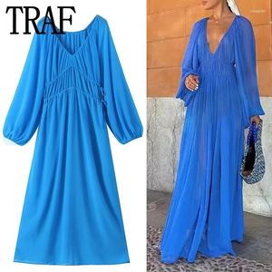 Casual Dresses 2023 Blue Chiffon Dress Woman Ruched Autumn Long Women Elegant and Pretty Women's Sleeve Party