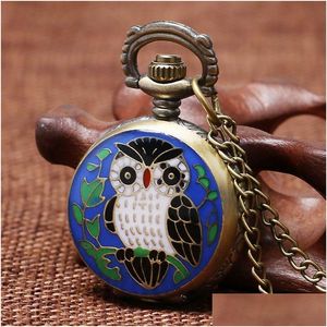 Pocket Watches Vintage Classical Watches Mini Size Liten Dial Lovely Owl Bronze Quartz Pocket Watch for Men Women Kid Necklace Chain G Dhnkh