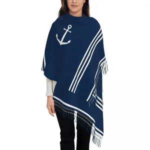 Halsdukar kvinnors halsduk med tofs nautisk marinblå ankare lång vinter varm sjal wrap roder segelbåt dagligen slitage kashmir