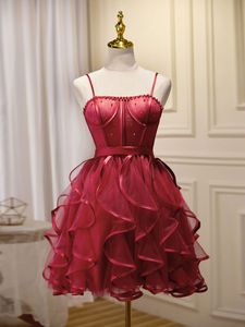 Elegant Short Burgundy Tulle Homecoming Dresses With Pearls A-Line Ruffled Knee Length Satin Lace-Up Back Prom Party Gown for Girls