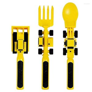 Dinnerware Sets 1 Set Construction Themed Toddler Utensils Fork Spoon Pusher Kids Flatware Car Bulldozer Excavator Children'S Toy