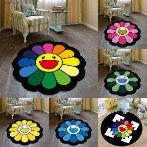 Tapetes Sun Flower Smiley Tapete Redondo para Quarto Cabeceira Sala de Estar Área Tapete Lint-free Capacho Cadeira Tapetes Moda Tapete Anti-skid T230519