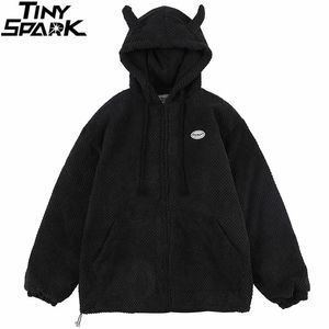 Men's Jackets Men Hip Hop Streetwear Jacket Coat Plain Devil Hooded Jacket Harajuku Cotton Casual Jacket Coat Autumn Outwear Zipper Black 231115