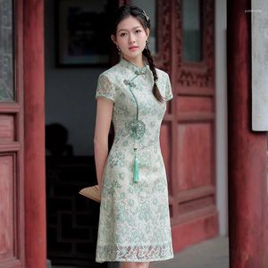 Ethnic Clothing 2023 Female Traditional Cheongsam Lace Embroidery Vintage A-Line Dress Women Plus Size Show Costumes Elegant Qipao Green