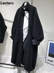 Misto lana da donna Lautaro Inverno lungo oversize nero spesso caldo soffice soffice morbida pelliccia sintetica giacca da donna allentato casual moda coreana Bf Sherpa Cappotto 231115