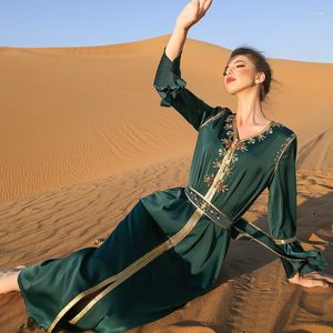 Ethnic Clothing Eid Abaya Dress For Women Dark Green Luxury Diamond Ribbon V Neck Ruffle Long Sleeve Loose Belted Dubai Morocan Caftan