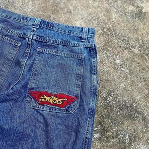 Jeans femininos jnco rua moda roupas multi-bolso bordado solto americano casa casual cintura alta denim calças de perna reta