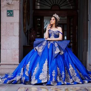 Royal Ruffles 2024 Blue Crystal Ball Gown Quinceanera Dresses Off the Shoulder Appliques Lace Corset Vestidos De 15 Anos