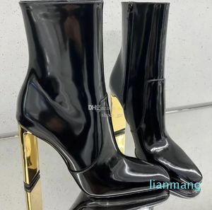 Nuovi stivaletti in pelle a specchio di alta qualità con cerniera Punta quadrata Tacco a spillo Stivali moda da donna Designer di lusso Scarpe eleganti da sera