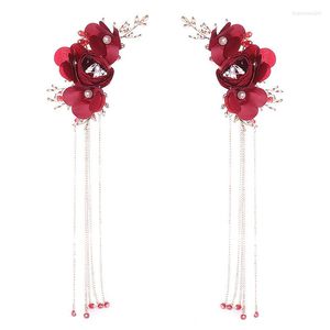 Necklace Earrings Set Exquisite Red Rose Flower Tiara And Tassel Chinese Bride Wedding Hair Ornaments Women Crystal Hoop Headban TEN