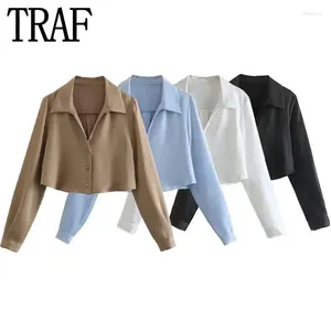 Women's Blouses Satin Cropped Shirt Woman Long Sleeve Crop Top Female Autumn Blue Black White Blouse Elegant Social