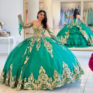 2023 Dark Green Quinceanera Dresses with Gold Sequins Applique Sweetheart Long Sleeves Floor Length Tulle Corset Back Sweet 16 Party Prom Ball Evening Vestidos