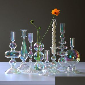 Castiçais de vela titulares de luxo iridescente decoração para mesa nórdica arco-íris vaso flor decoração de casa vidro castiçal casamento c dhasp