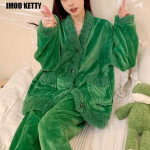 Women's Sleep Lounge 2023 Winter Warm Sleepwear Home Suits Homewear Ladies Flannel Plush Lounge Sleep Wear Solid Pajamas Set Women Loungewear Simple zln231116