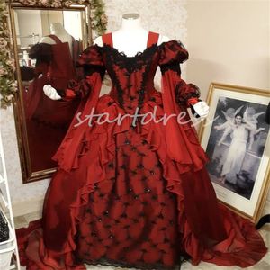 Renesansowa czarna i czerwona gotycka suknia ślubna z owiniętą Cape Celtic Ball Sukent Historyczne Średniowieczne suknie ślubne Halloween Ruche Lace Państwowa panna młoda Mariage