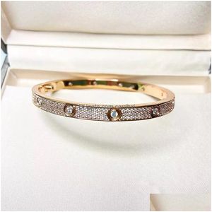 Bangle Luxury Top Fine Brand Pure 925 Sterling Sier Jewelry Women Easy Lock Bangle Rose Yellow Gold Fl Diamond Wedding Engagement Main Dhkcq