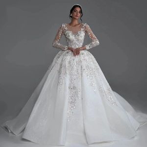 Elegancka sukienka ślubna A-Line 2024 Scoop długie rękawy haftowe koraliki cekiny ślubne suknia panny młodej vestidos de noiva szata de Mariage