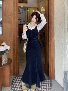 Casual Dresses Denim Sundress Women Spring Belted Sleeveless Trumpet Tank Midi Korean Fashion Jeans Dress S M L