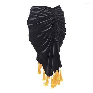 Stage Wear Latin Dance Practice Clothes Women's Black Fringed Irregular Split Ends Waist Strap Bandage Bag Hip Slim Skirt