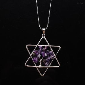 Colares pendentes yowost chips naturais árvore de pedra de vida pingentes 7 chakra reiki cinco ppointed star metal merkaba jóia cadeia de jóias 45cm bn394