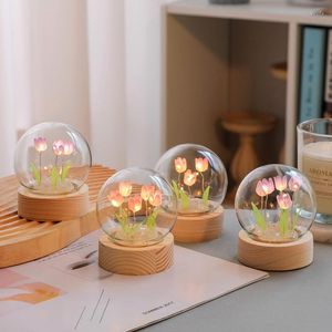 Decorative Flowers Tulips Fake Flower Mini Night Light Artificial Plant Glass Bouquet Living Room Bedroom Desktop Decoration 6x8cm