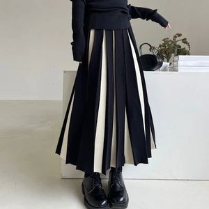 Skirts Rimocy Fashion Striped Mixed Color Long Skirt Women High Waist Elegant Woman Pleated Spring Knitted Faldas Largas Mujer 231115