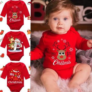 Rompers Baby Born My First Christmas Bodysuit Boy Girl Birth Creeper långärmad semesterfest gåva 231115