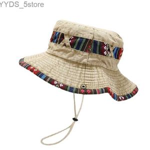 Geniş Memlu Şapkalar Kova Şapkaları 2023 Yeni Kova Şapkaları Erkek Kadınlar Plaj Anti-Günel Panama Dağcılığı Seyahat Balıkçı Şapkaları Retro Baskı Yaz Güneş Şapkası Açık YQ231116