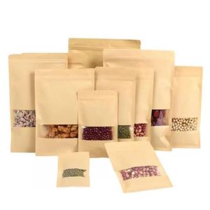 Kraft Paper Bag Stand Up Gift Dried Food Fruit Tea Packaging Pouches Window Retail Zipper Self Sealing Bags 14 sizes Pensv