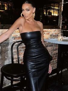 Casual Dresses Women Dress 2023 Chic Fashion Faux Leather Corset Midi Vintage Backless Side Zipper Female Party