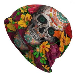 Berets Day Of The Dead Sugar Skull Flower Skullies Beanies Caps Winter Warm Männer Frauen Strickmützen Unisex Erwachsene Mexikanische Blumenhaube