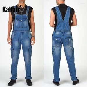 Men's Jeans Kakan - European And American Street Trendsetter Multi Pocket Suspender Blue Jumpsuit K34-667