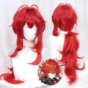 Cosplay Peruki Genshin Impact Diluc odgrywanie ról 60 cm długiej czerwonej peruki odtwarzającego role odgrywanie ról RP-odgrywanie ciepła oporna na syntetyczną perukę Halloween 231116