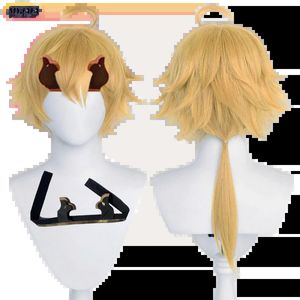 Cosplay Wigs Genshin Impact Thomasのロールプレイングウィッグ3D Fluffy Design Gold耐熱性合成ウィッグキャップとホーン231116